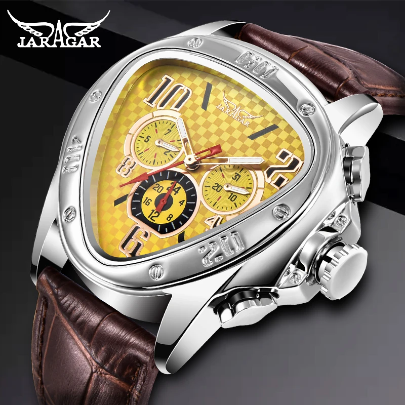 

JARAGAR Clock Top Brand Luxury Mechanical Automatic Male Watch Yellow Triangle 3 Dial Unusual Watch Men Fashion Sport Wristwatch