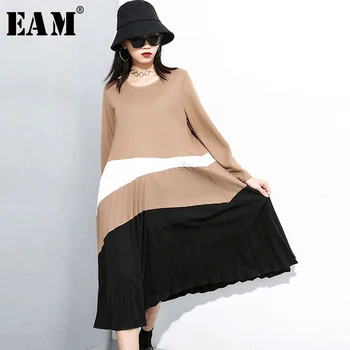 

[EAM] Women Contrast Color Pleated Temperament Dress New Round Neck Long Sleeve Loose Fit Fashion Spring Autumn 2020 19A-a146