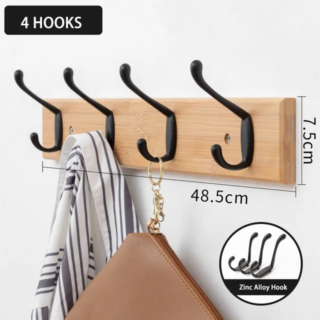Nordic Fashion Home Decor Coat Hook Organizer Double Hooks Hallway Bedroom Door Hat Clothes Rack Hanger Kitchen Toilet Wall Hook Bamboo Color 4 Hook