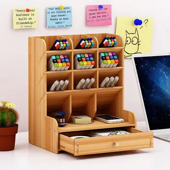 

Wooden Pen holder Fashion Desktop Multifunctional Receiving Box with drawer Office Pen Pencil Organizer Desk Organizer Storage