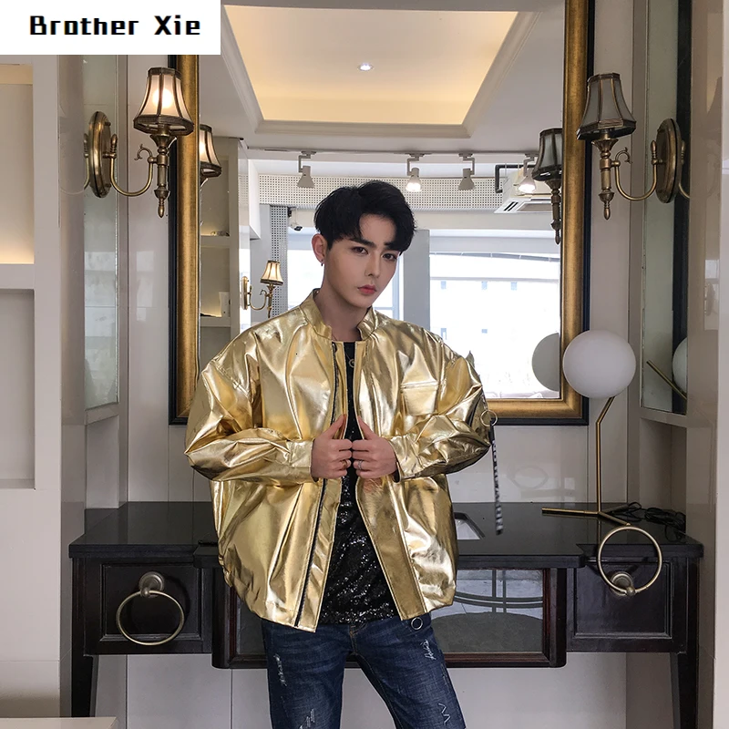 

Autumn Bright Leather Jacket Men's Fashion Casual Performance Stand Collar Jacket Man Streetwear Loose Hip Hop Bomber Jacket