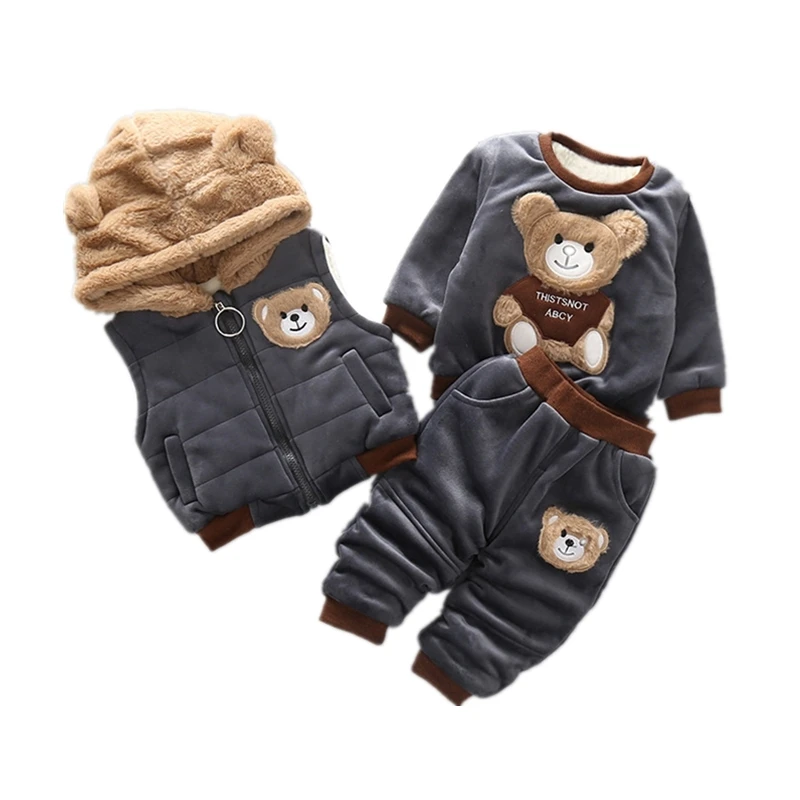 

New Winter Baby Girl Clothes Suit Children Boys Thick Hooded Vest T Shirt Pants 3Pcs/sets Toddler Casual Costume Kids Tracksuits