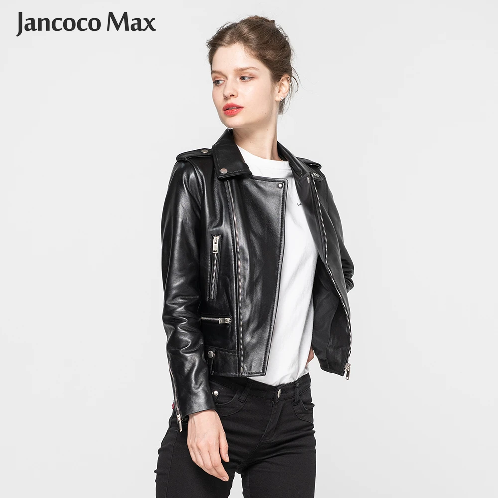 Jancoco Max Демисезонный натуральная кожаная куртка Женская одежда классические черные кожаные пальто новое поступление S8004