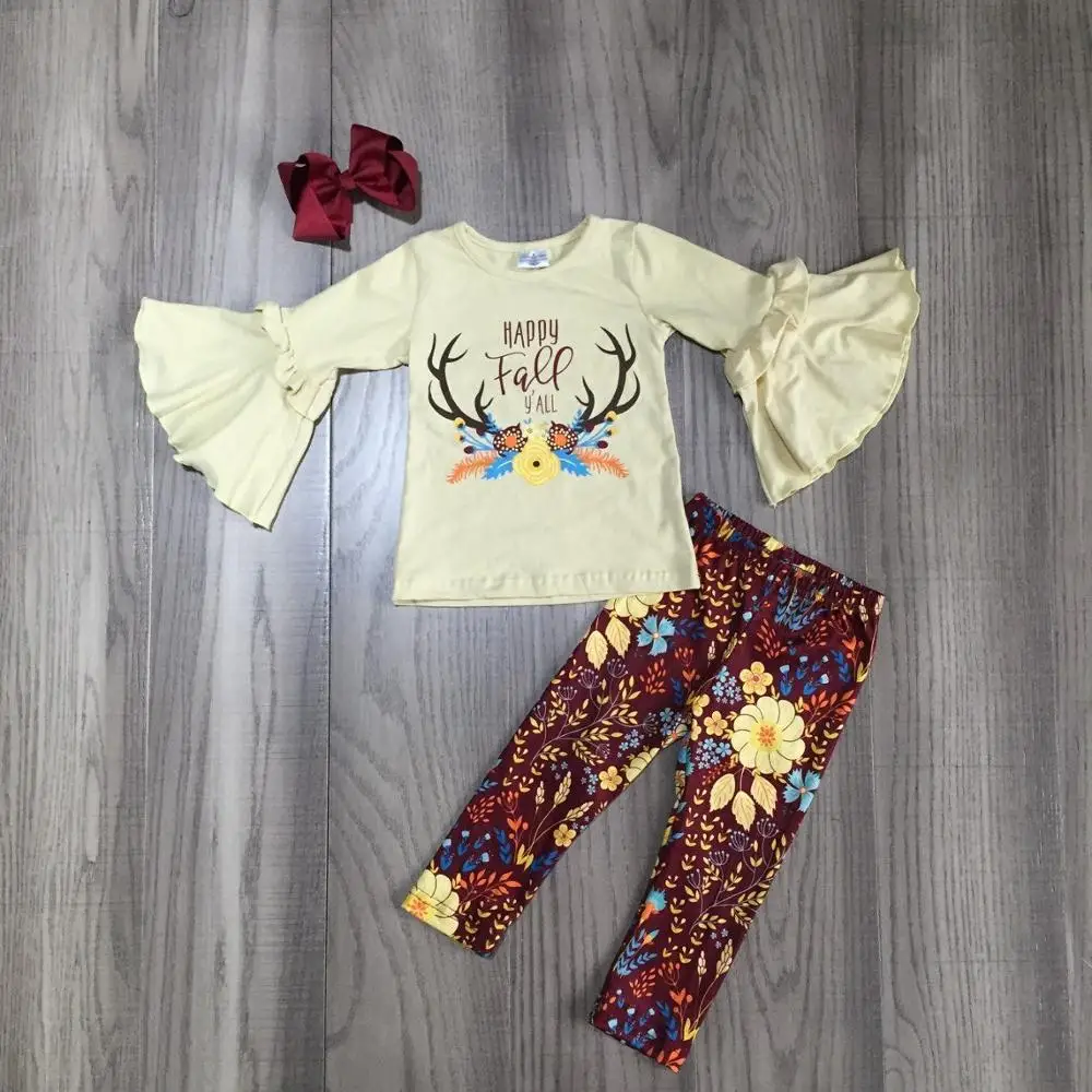 

children Girls Fall clothes girl outfits bell bottom top with antler print girls floral pant kids boutique clothing with bow