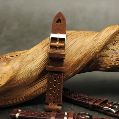 Handcrafted Genuine Leather Brown Porous Breathable Watchstrap with Detailed Stitching