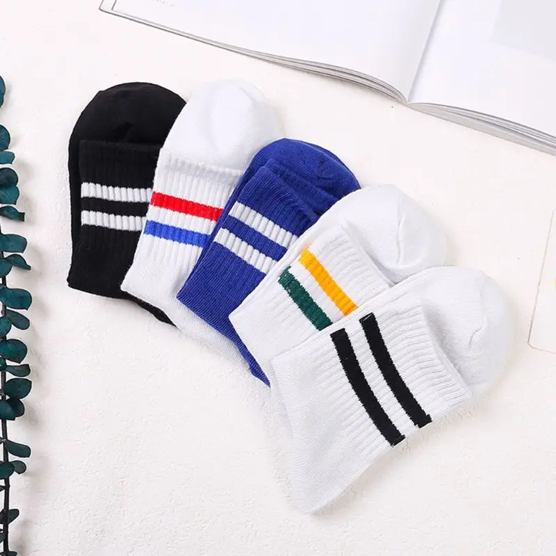 5 Pairs Mens Minimalist Long Crew Socks Double Stripes Elastic Ribbed Hosiery B0KD