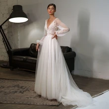 

Long Sleeves Vestido De Noiva Wedding Dresses Sheath V-Neck Tulle Lace Boho Dubai Arabic Wedding Gown Bridal Dress
