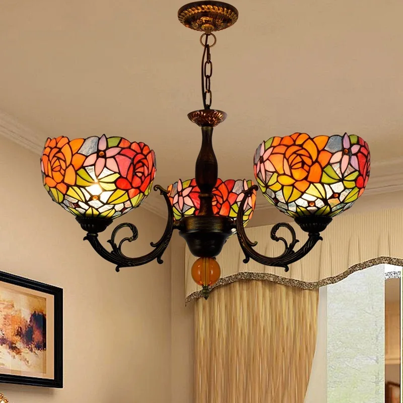 

European style retro Tiffany colorful glass gorgeous rose bedroom restaurant bar club three head Chandelier