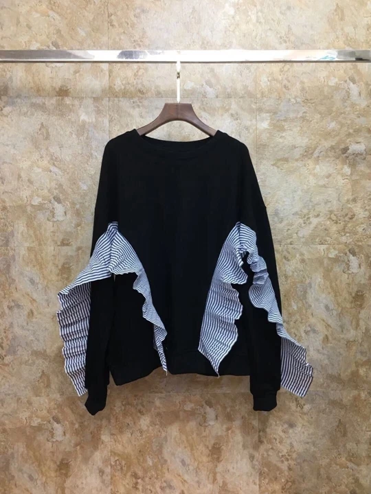 autumn Early new women's round collar, irregular stripes, pleats, stitching and decorating long-sleeved 100-jacket 1006