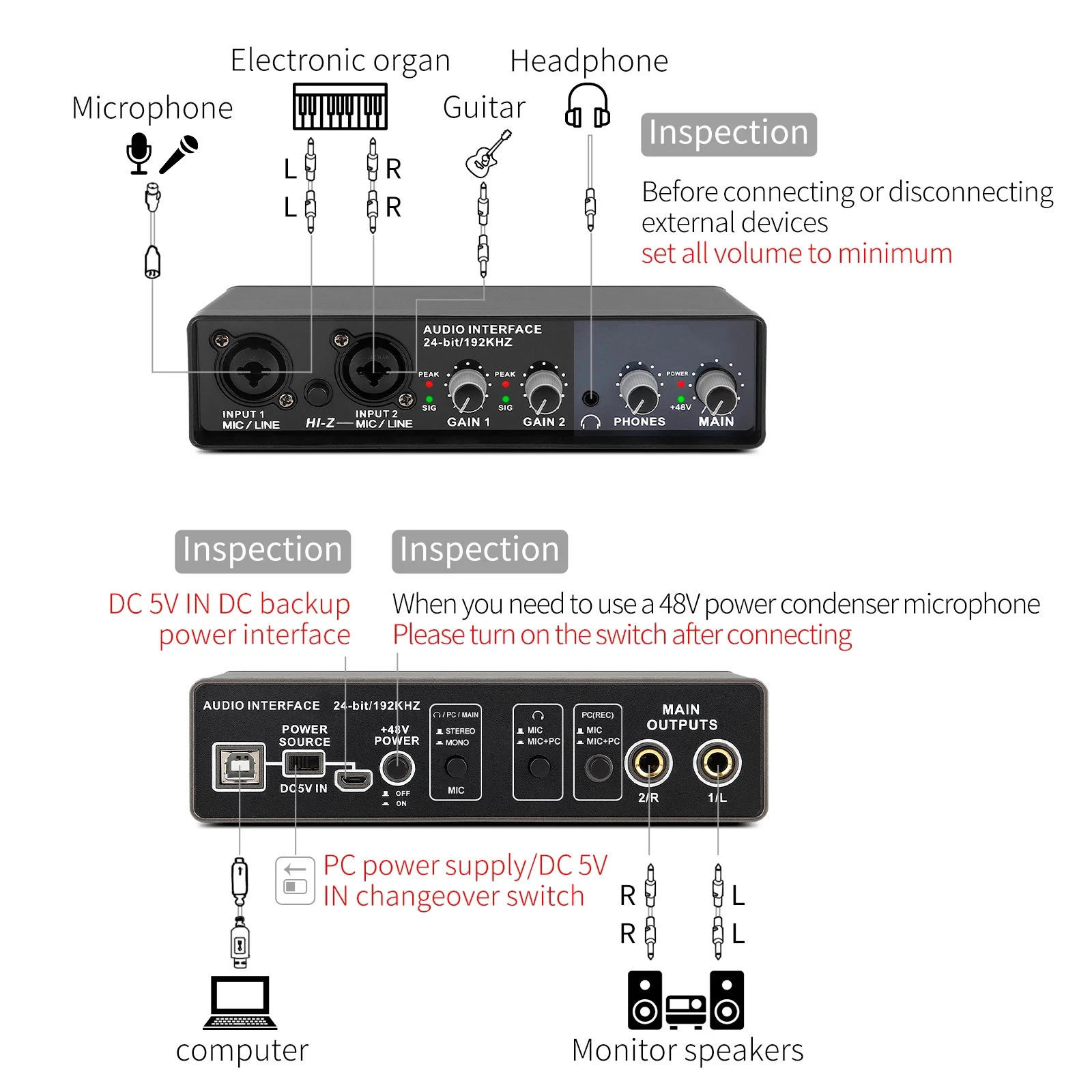 Teyun Q-22 Interface audio Carte son avec surveillance, guitare électrique  enregistrement en direct carte son professionnelle pour studio, chant