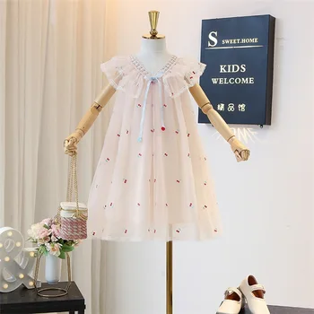 

5295 Cherry Embroidery Princess Baby Girl Dress 2020New Summer Party Wedding Kid Dress For Girl Wholesale Children Child Clothes