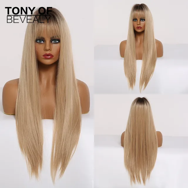 Long Straight Brown Ombre Natural Hair Wigs Middle Part Heat Resistant Synthetic Wigs for Afro Women Daily Cosplay Fashion Wigs lc288-1