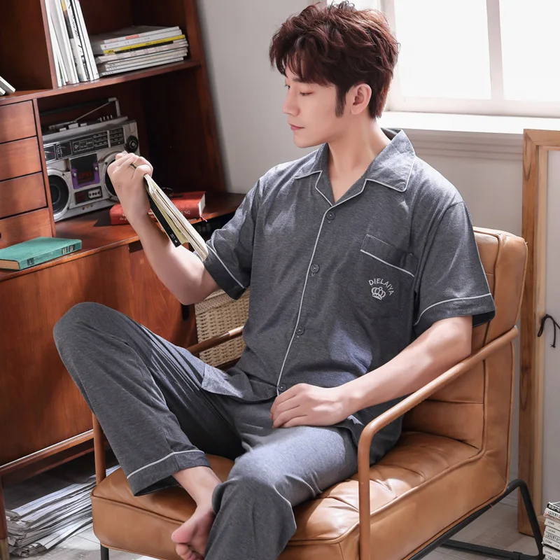 

Pajamas Men Summer Cotton Short Sleeve Trousers Tracksuit Summer Thin Casual Plus-sized Large Size Set 2901 Gray