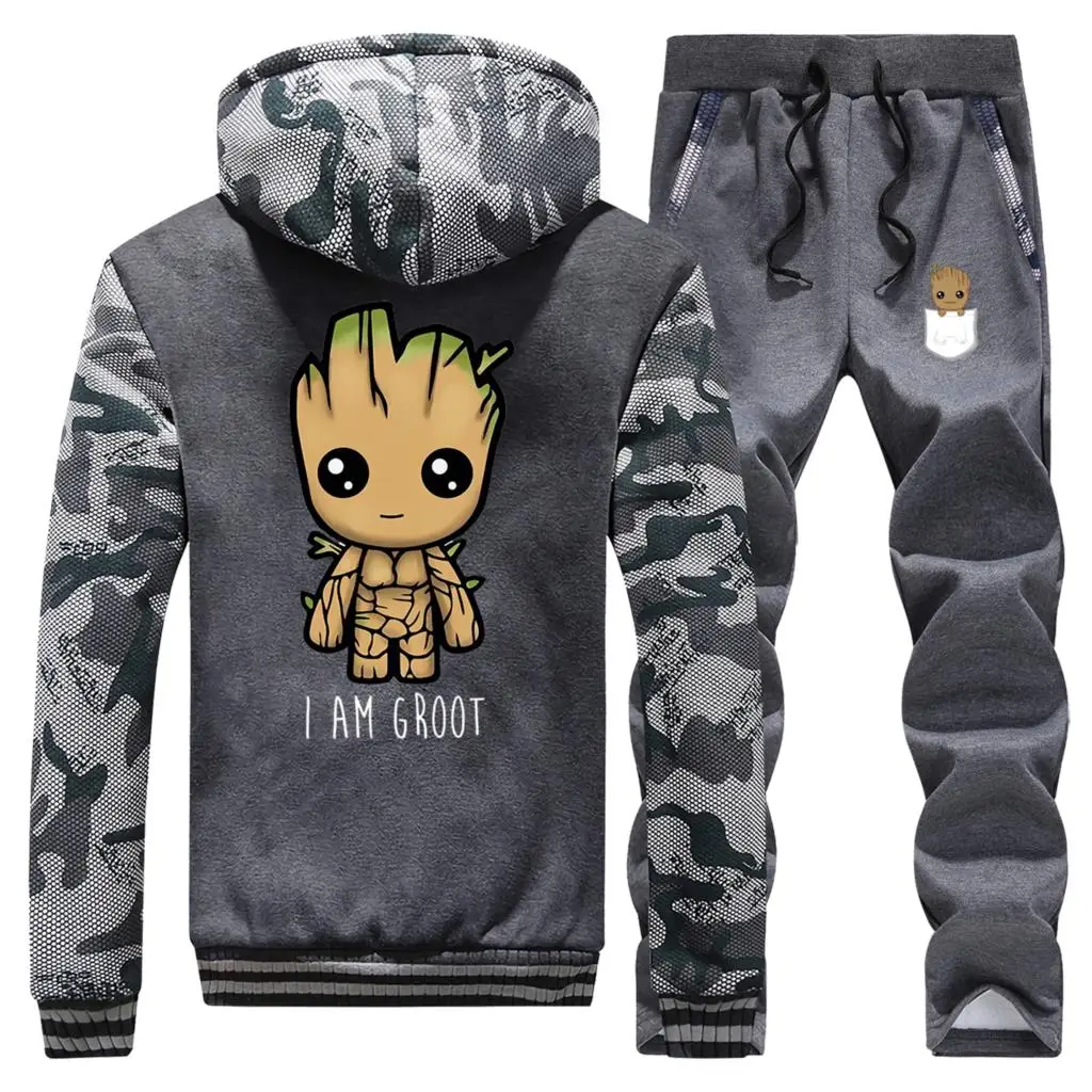 I'M GROOT, новинка, зимняя толстовка с капюшоном «стражи Галактики», камуфляжные мужские толстовки, костюм, пальто, толстая толстовка с капюшоном+ спортивные штаны, комплект из 2 предметов