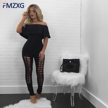 

Women Ruffle OL Jumpsuit Short Sleeve Strapless Full Bodysuit Summer Off Shoulder Sexy Rompers Womens Slim Lace Up Hole Jumpsuit