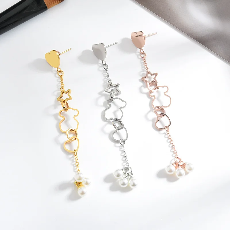 Полые серьги из титановой стали жемчужные с пентаграммой и медведем розового