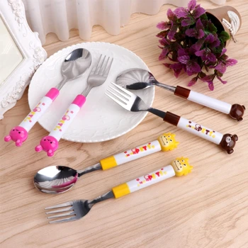 

2Pcs Cartoon Baby Safety Stainless Steel Spoon Fork Set Kids Feeding Tableware F3ME