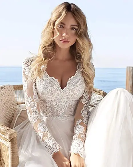 RODDRSYA A Line Long Sleeves Wedding Dresses  Lace Bridal Gowns 2021 Tulle Ivory Vestido De Novia Open Back свадебное платье 6