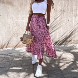Saia feminina patchwork estampa floral dividida, boho a line saia comprida meninas casual feriado comprimento do tornozelo pequeno fresco 2021
