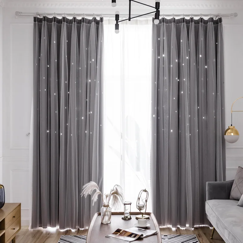 Hollow Star Double Layer Blackout Curtains For Bedroom Kids Girl Pink Sheer Window Curtains For Living Room Window Treatments