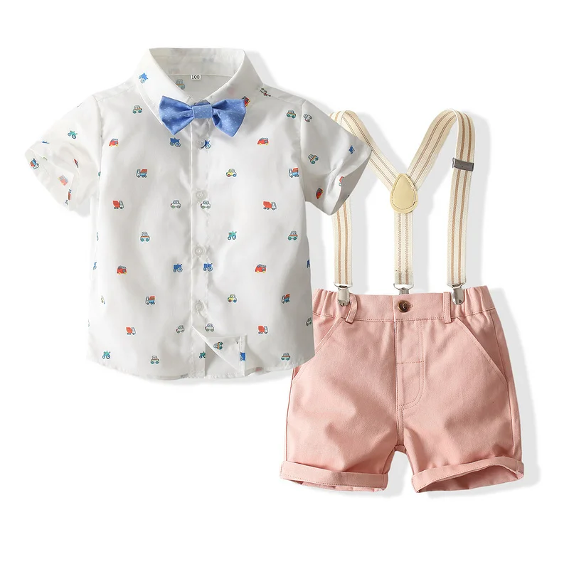 Kimocat Boy Summer Suit Short-Sleeved Truck Print Top+Bow Tie+Shorts+Sling 4-Pce Set Casual Gentleman Children's Clothing 1-6Y |
