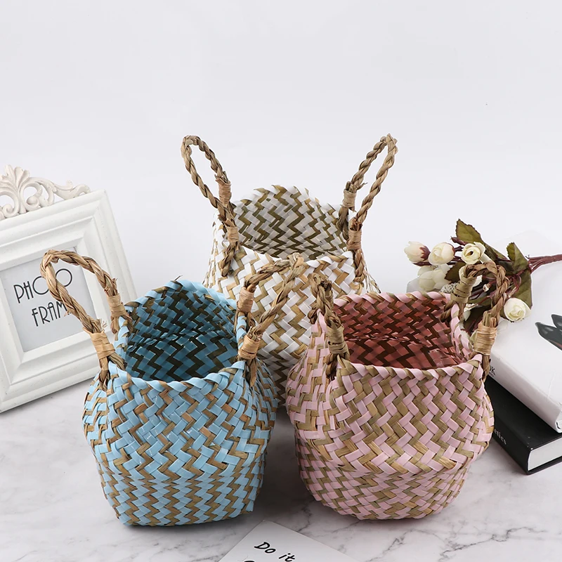 Foldable Handmade Seagrass Storage Basket Wicker Rattan Belly Straw Home Garden Flower Pot Wave Pattern Planter Laundry Basket