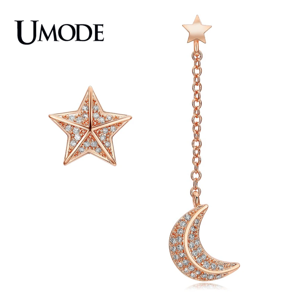 Женские серьги капли UMODE Brincos с цепочкой в виде звезды и Луны белого/розового