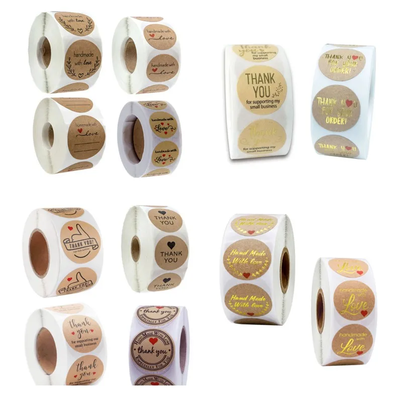 500pcs/roll cowhide stickers thank you label red love decoration Round Kraft paper Seal sticker For handmade products