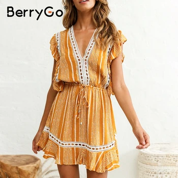 

BerryGo Ruffle sleeveless boho dress women Floral print high waist summer dress 2020 Beach wear cotton a line mini dress casual