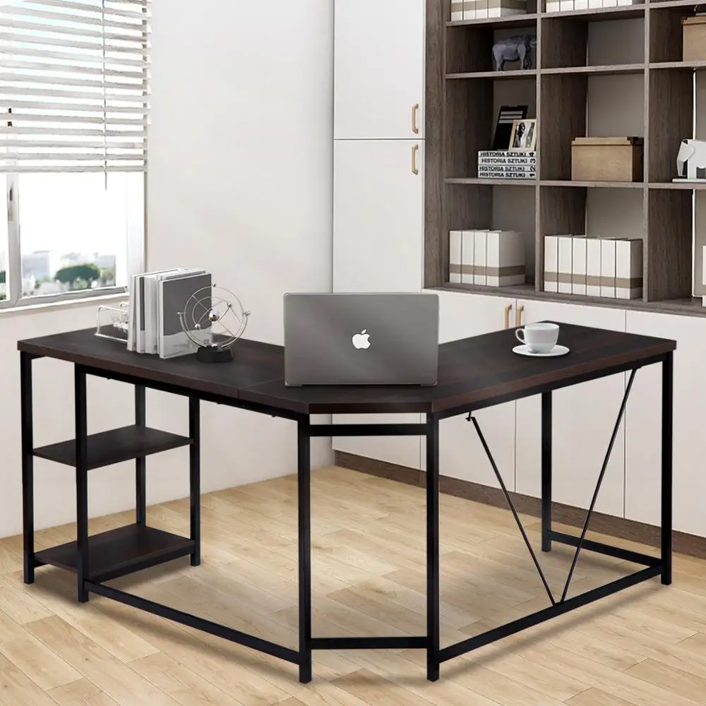 

Office Desk L-Shaped Computer Desks With 2 Tier Storage Shelves For Home Office Accessories