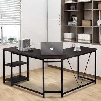 

Office Desk L-Shaped Computer Desks With 2 Tier Storage Shelves For Home Office Accessories