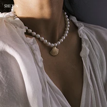SHIXIN элегантное круглое Жемчужное Колье чокер с бусинами корейские белые бусы ожерелье s для женщин модное ожерелье с подвеской в виде гребешки s