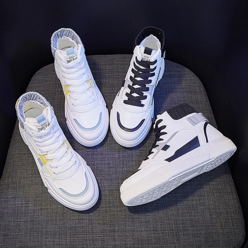 New Arrival Womens Spring Platform High top Sneakers ,White,Black Vulcanize ShoesNon Slip Comfort Casual Sneakers,Kawaii Shoes