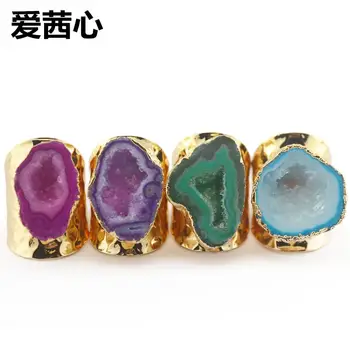 

ECHSUN Pure natural agate crystal tooth ring Exaggerated rough stone geode atmosphere alianas de namoro love couple ring