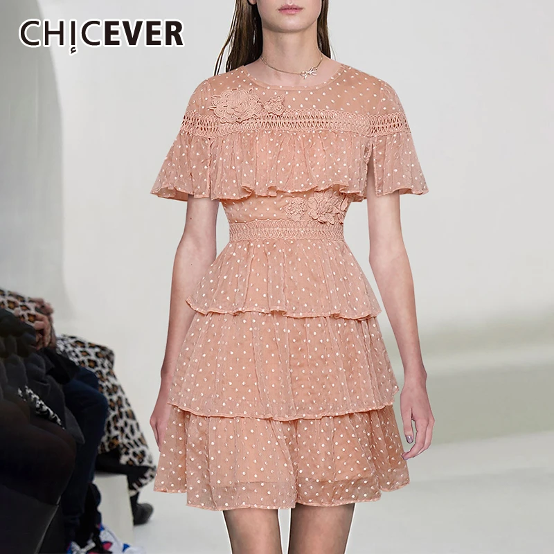 CHICEVER корейское платье в горошек с цветочной вышивкой женское платье с рукавом-накидкой и высокой талией ТРАПЕЦИЕВИДНОЕ женское платье модная новая одежда лето