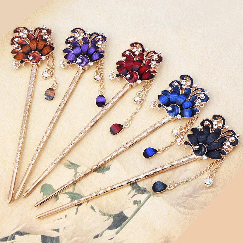 Flowers Peacock Tassels Hair Stick Step Shake Hairpins Drop Oil Vintage Hair Stick Pins for Women Girls Hair Styling Accessories