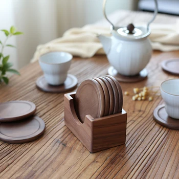 

6PCS/Set Japanese Black Walnut Wooden Mat Household Glass Tea Cup Water Glass Beer Mug Coffee Cup Mug Insulation Pads Cup Mat