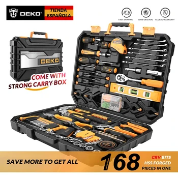 

DEKO 168 Pcs Hand Tool Set General Household Hand Tool Kit with Plastic Toolbox Storage Case Socket Wrench Screwdriver Knife
