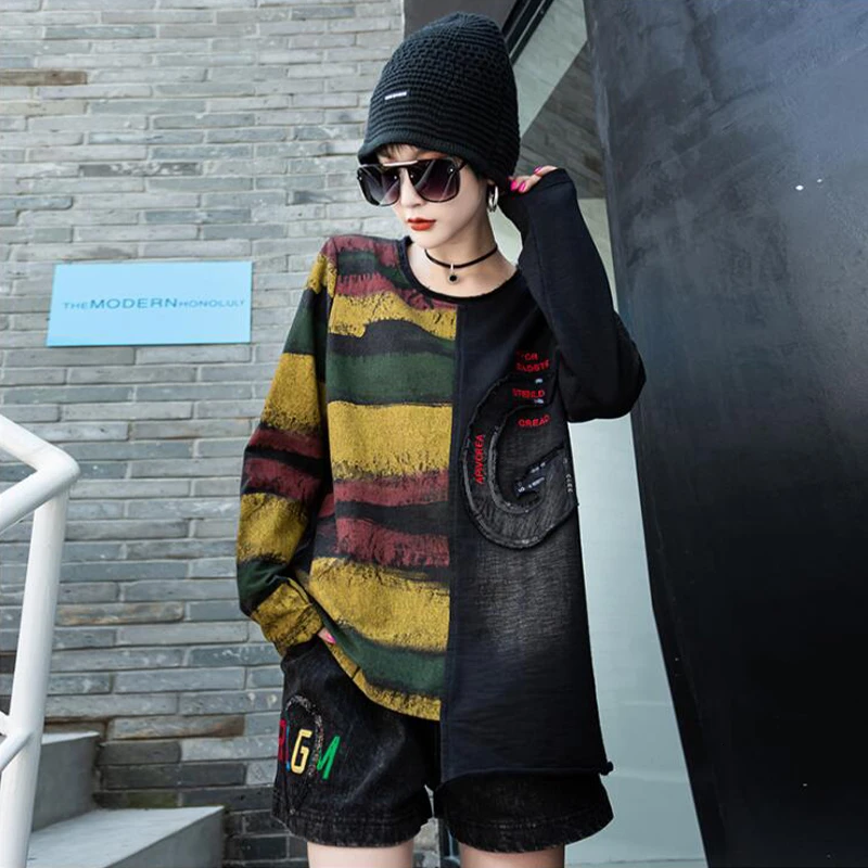 Tanie Max LuLu Fashion topy w koreańskim stylu koszulki damskie jesień odzież w stylu punkowym i ulicznym kobiet Patchwork Denim t shirty w stylu Vintage kobiece ubrania w paski