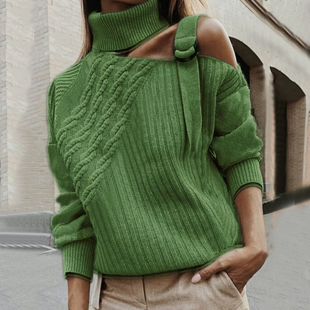 Women Patchwork Sexy Off Shoulder Buckle Turtleneck Warm Autumn Pullover Winter Long Sleeve Ribbed Sweater Knitted Tops Jumper Women Patchwork Sexy Off Shoulder Buckle Turtleneck Warm Autumn Pullover Winter Long Sleeve Ribbed Sweater Knitted Tops Jumper