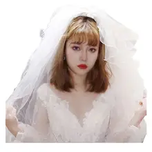 4 слоя свадебная вуаль с расческой имитация жемчуга; ожерелье с атласным бантом Топ Волнистые оборки отделка Романтические свадебные вечерние аксессуары для волос
