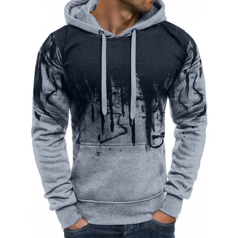 PUIMENTIUA Autumn Winter Hooded Sweatshirts Brands Men Print Pullover Sweatshirt Male Casual Long Sleeve Sudaderas Hombre - Color: Gray