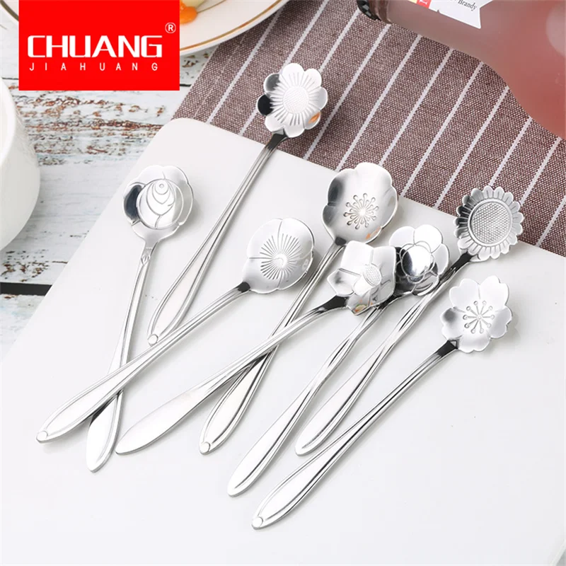 1 шт. Цветочная ложка из нержавеющей стали Серебряная креативная чайная ...