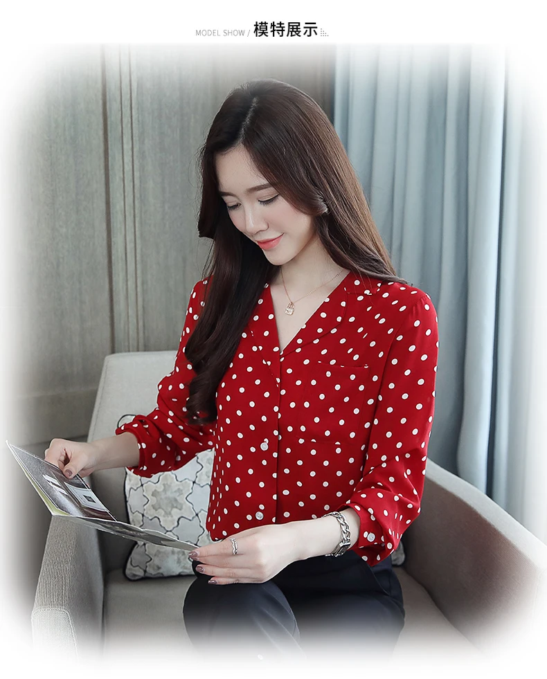 Primavera Новое Coreano шифон blusa Suburbano Magro горошек Impresso Mulheres Топы манга Longa Camisa da senhora