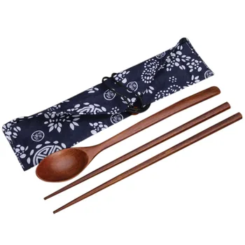 

New Useful Wooden Chopsticks & Spoon Cutlery Sets Travel Dinnerware Suit Environmental Wood Tableware With Cloth Pack Gift