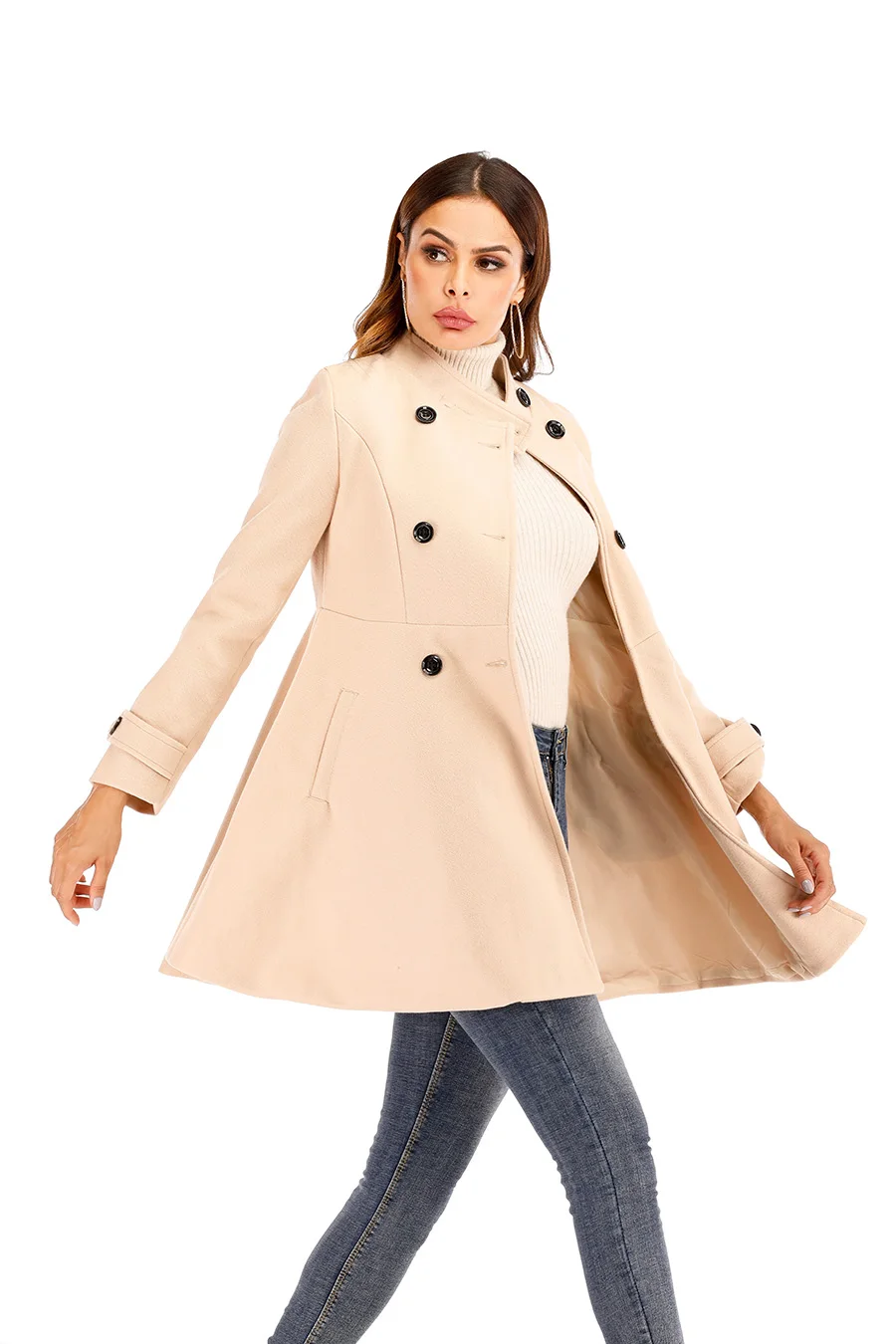 Benuynffy винтажное двубортное пальто с баской осенне-зимнее женское элегантный воротник-стойка шерстяное пальто женское тонкое пальто верхняя одежда