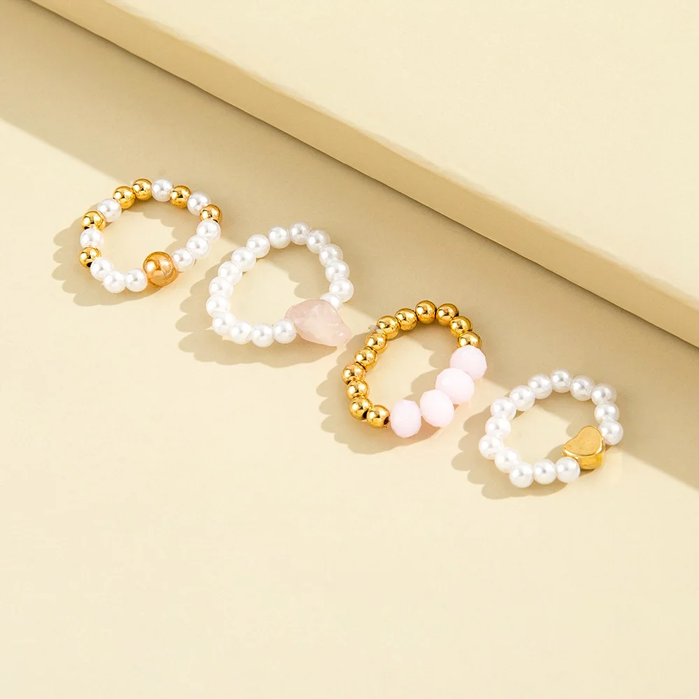 4 Pcs/Set Korean Mixed Handmade Pearl Stone Acrylic Small Round Bead Heart Ring Women Classic Elegant Dating Jewelry ring set finger ring sparkling heart ring jewelry accessories