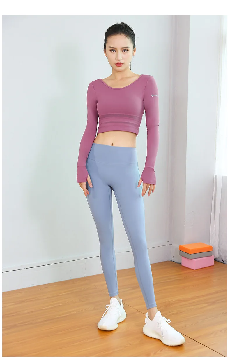 Осенние Длинные рукава с отверстием для большого пальца женские футболки для йоги сексуальный пупок-baring спортивные топы с подушечкой Высокая ударная стрейч-Тренировка спортивная одежда