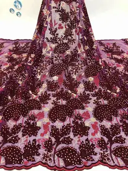 

Latest African Lace Fabric 2020 High Quality Velvet Lace With Sequins wine Nigerian Lace Fabrics For Wedding Dress 5 Yards