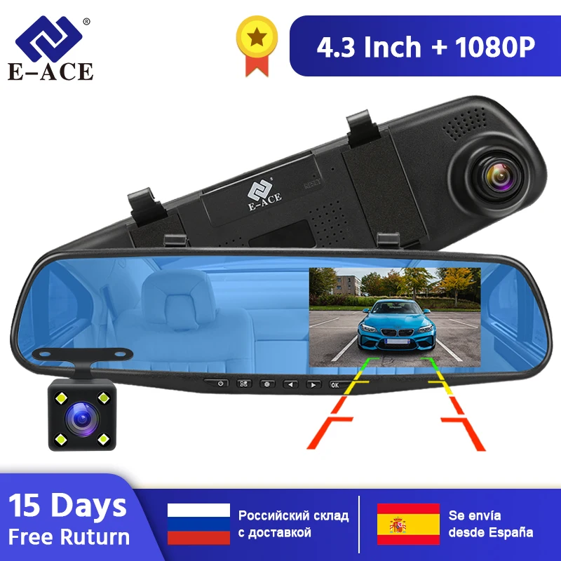  E-ACE Dvr Dash Camera Car Dvr mirror FHD 1080P 4.3 Inch Dual Lens With Rear View Camera Auto Video 